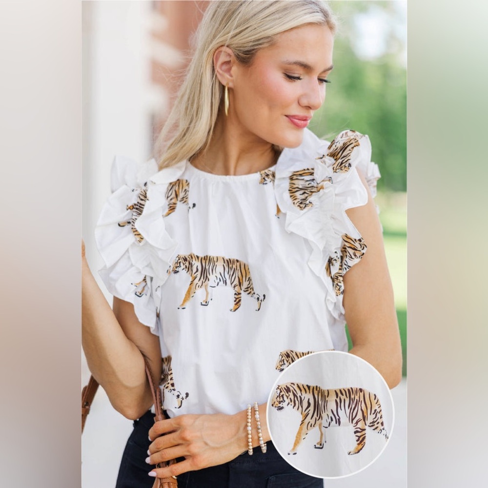 White Tiger-Print Ruffle Sleeve Blouse - Picture 2 of 11
